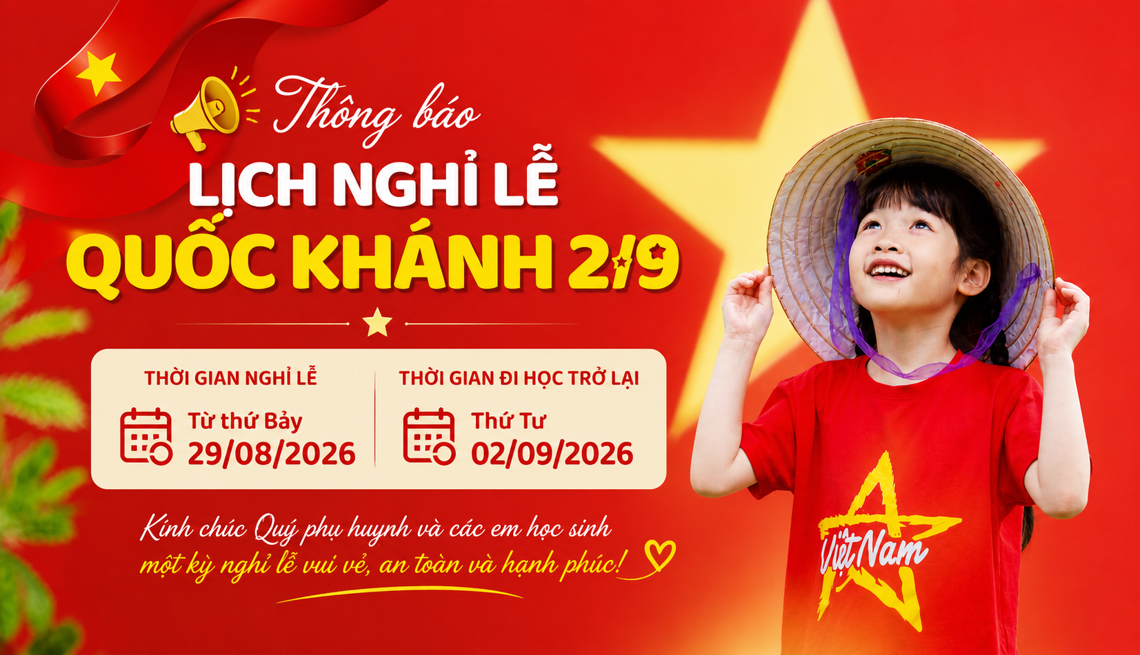 Thông báo: V/v Lịch nghỉ Lễ Quốc khánh 02/09/2026